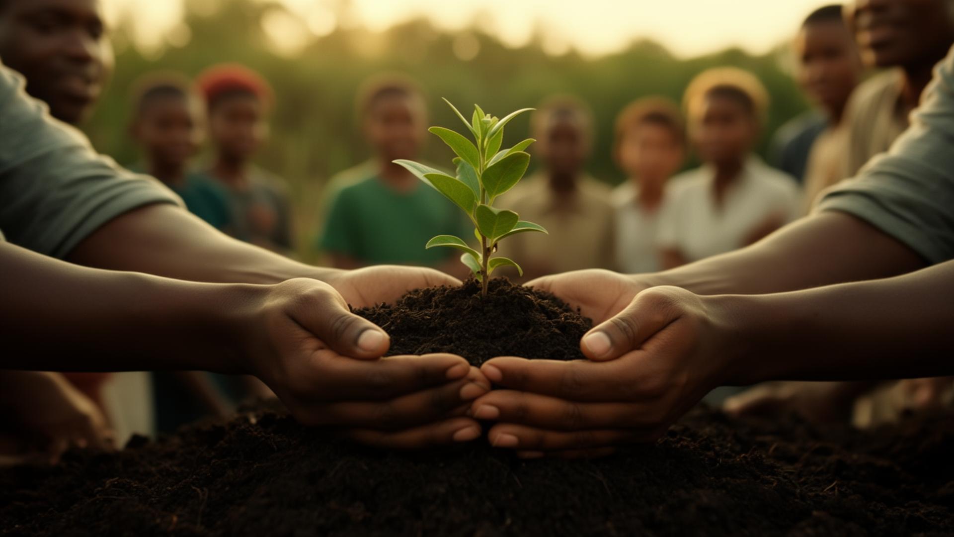 Hands cradling a young seedling, surrounded by community